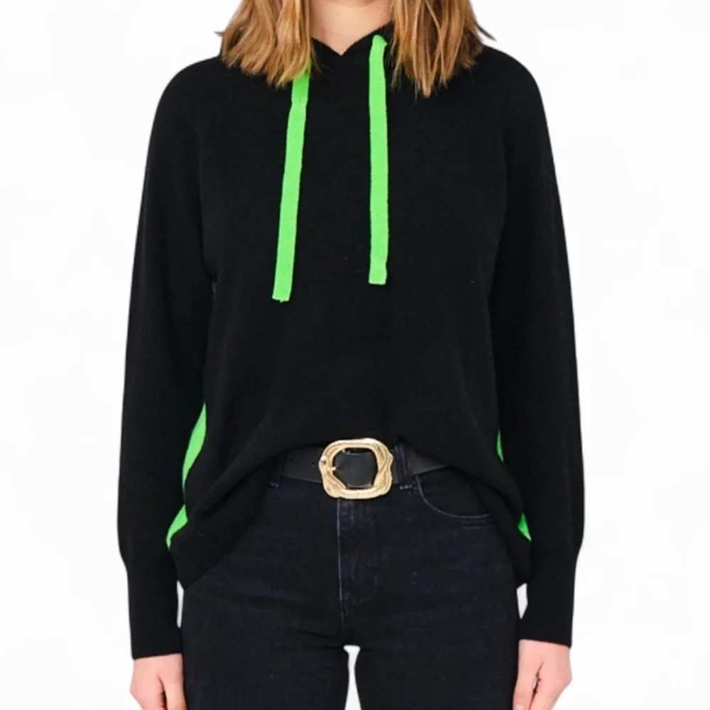 Brodie Cashmere M Black Neon Green Contrast Hoodie 100% Cashmere Sweater